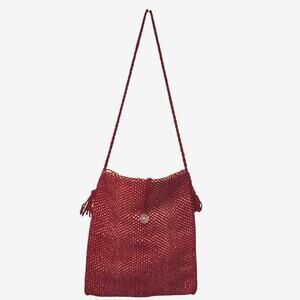 Hand Woven Knit Red Crochet Shoulder Crossbody Bag Lined Button Flap Handmade